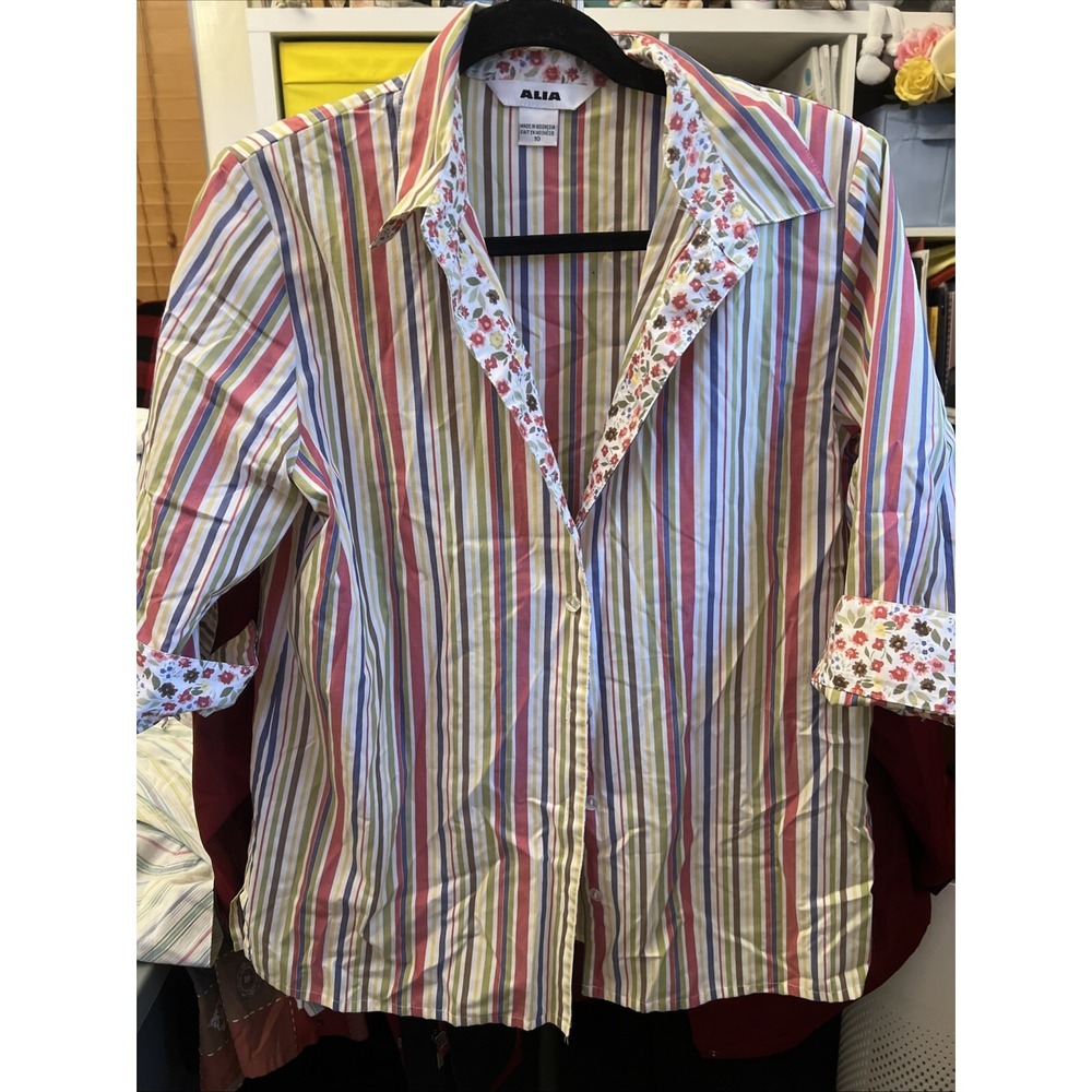 ALIA Women Multi Print Button Down Shirt 3/4 Sleeve Sz 10 Striped & Floral